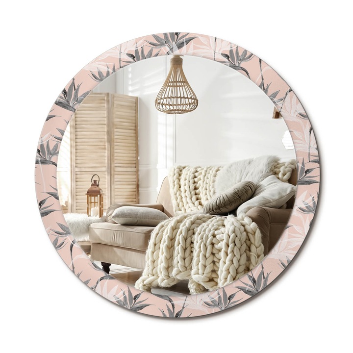 Kerek Fali Tükör Grafikával, Decormat, Strelitzia, Többszínű, Ø90 cm, Különleges Kiegészítő Szobába, 010090550120300013308