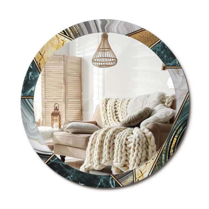 Kör Tükör Nyomtatott Mintával, Decormat, Márvány Stílus, Aranyszín, Ø90 cm, Fésülködőasztalhoz És Gardróbba, 010090550120300020897