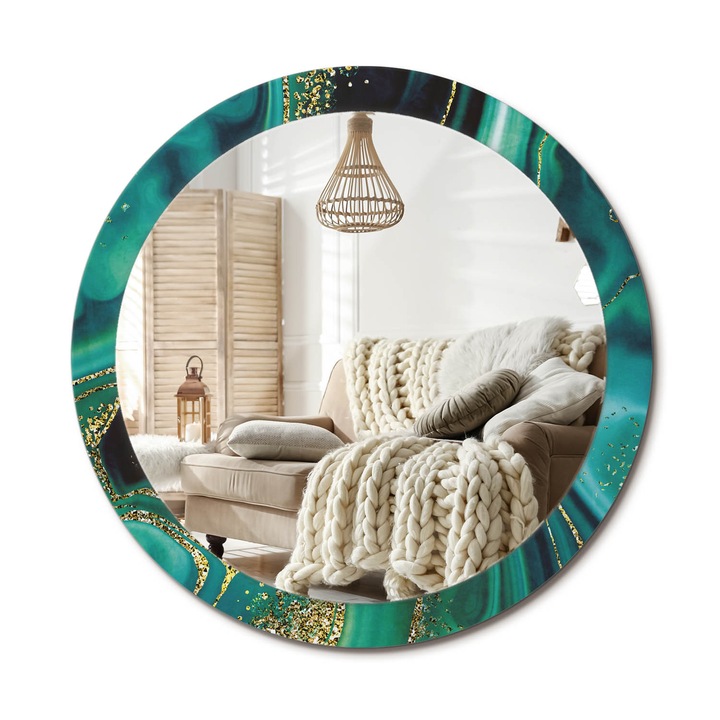 Kerek Tükör Nyomtatással, Decormat, Smaragd Márvány, Aranyszín, Ø90 cm, Nappaliba És Szobába, 010090550120300020893
