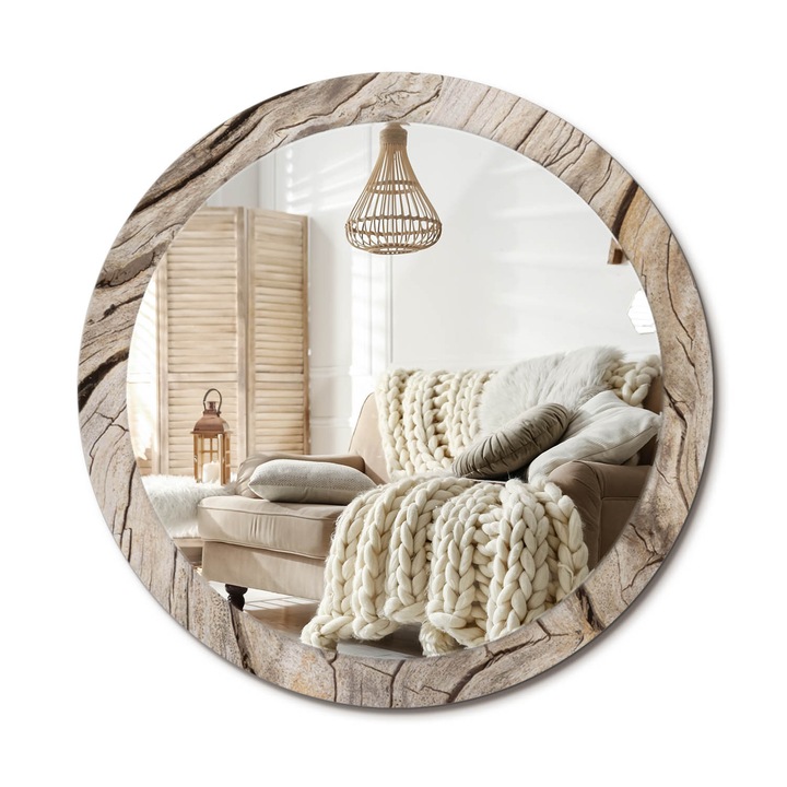 Kerek Fali Tükör Grafikával, Decormat, Repedt Fa, Barna, Ø90 cm, Különleges Kiegészítő Szobába, 010090550120300027512