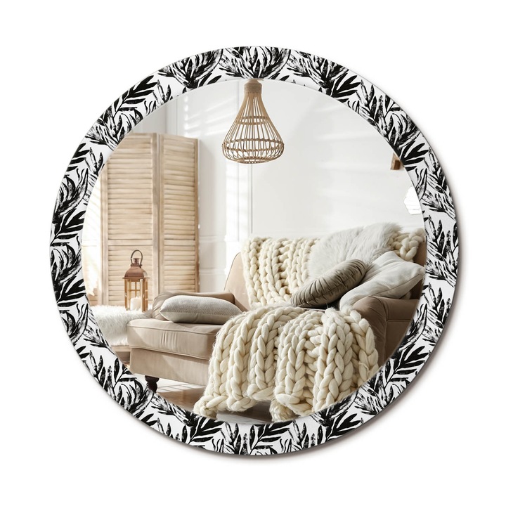 Kerek Tükör Kerettel És Nyomtatott Mintával, Decormat, Szörnyeteg, Fekete és fehér, Ø90 cm, Beltéri Dekorációs Elem, 010090550120300013279