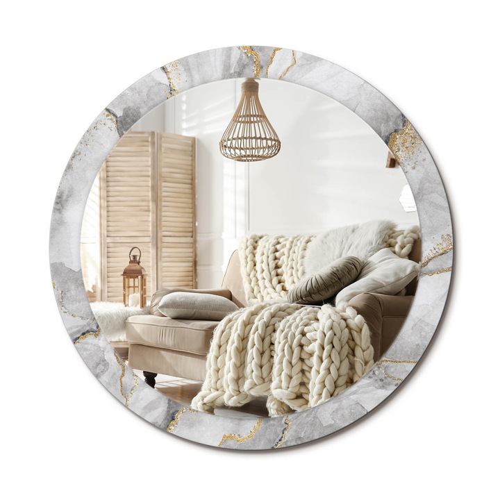 Kerek Tükör Nyomtatással, Decormat, Márványminta, Aranyszín, Ø90 cm, Nappaliba És Szobába, 010090550120300020882