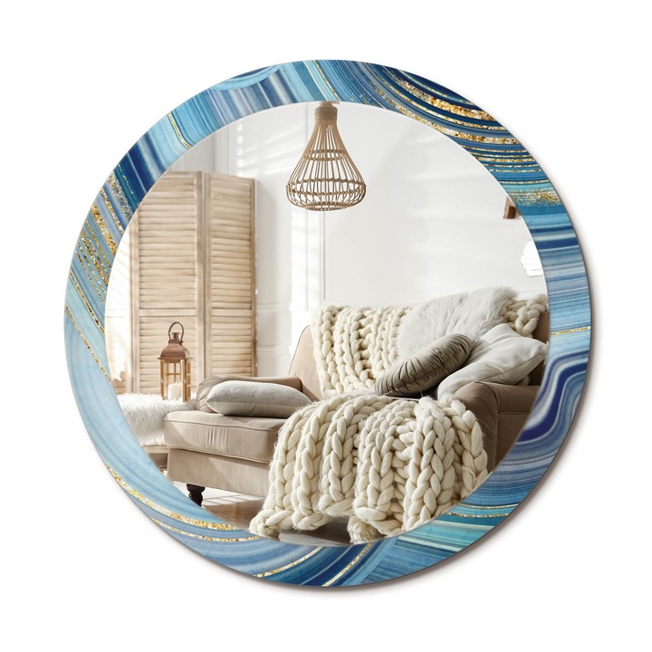 Kör Alakú Fali Tükör Nyomtatással, Decormat, Kék Márvány, Aranyszín, Ø90 cm, Lakásdíszítő Fali Tükör, 010090550120300020890
