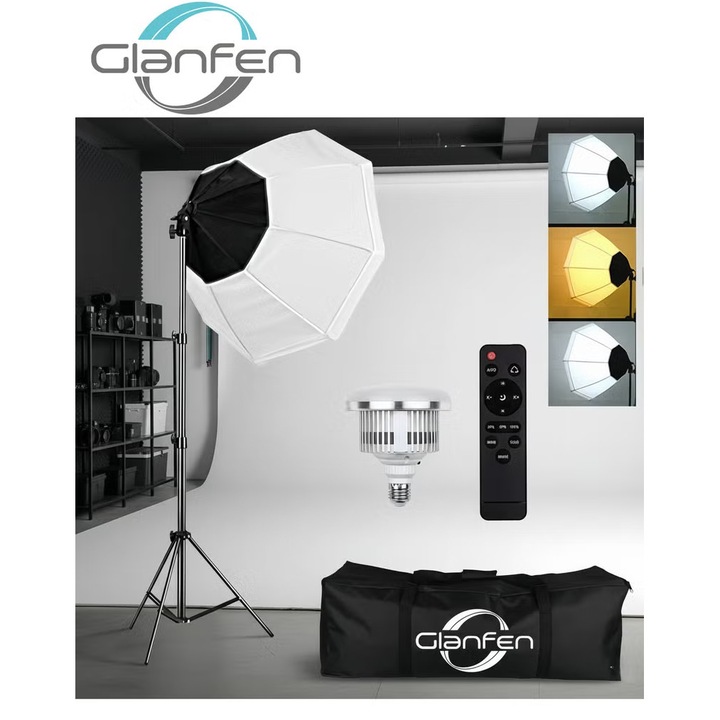Glanfen Kit de iluminare softbox pentru fotografie cu becuri LED de 380W in 3 culori cu telecomanda, softbox-uri si geanta de transport pentru inregistrare video, fotografiere portrete
