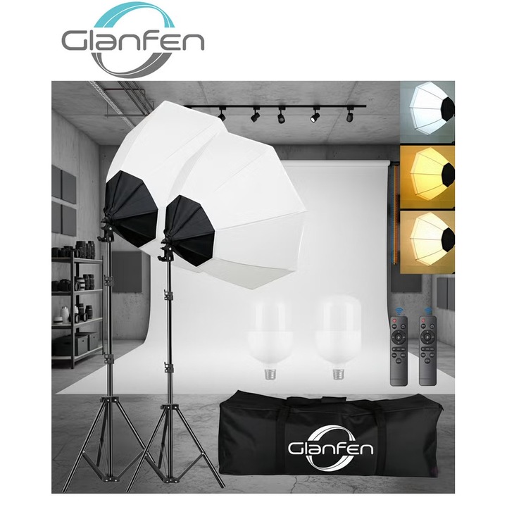 Glanfen Kit de iluminare softbox pentru fotografie cu bec LED de 200W in 3 culori, umbrela, softbox si geanta de transport pentru fotografierea portretelor