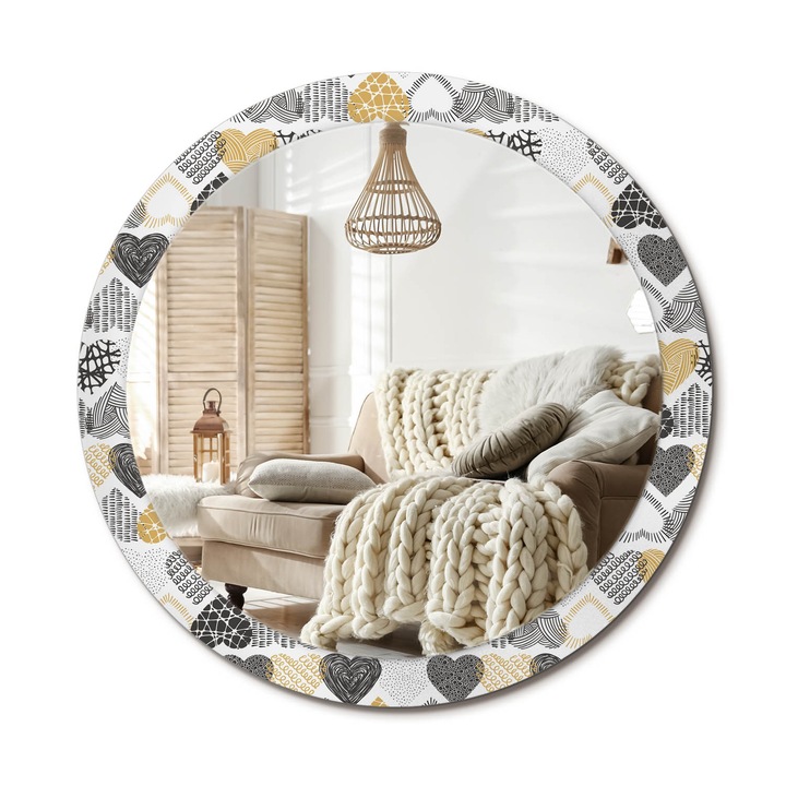 Kerek Tükör Kerettel És Nyomtatott Mintával, Decormat, Szívek Firka Stílusban, Fehér, Ø90 cm, Beltéri Dekorációs Elem, 010090550120300020913