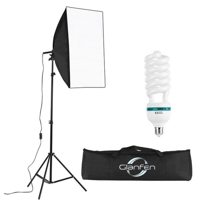 Glanfen Kit de iluminare profesionala pentru fotografie, softbox, 50x70cm, cu becuri LED de 135W 5500K, suport reglabil si geanta de transport, negru