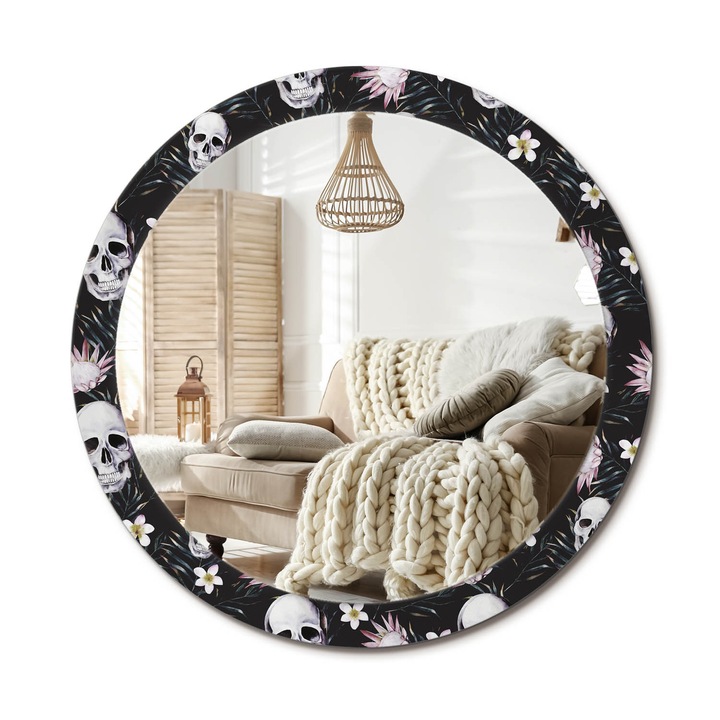 Kör Alakú Tükör Mintával, Decormat, Koponya Virágok, Többszínű, Ø90 cm, Stílusos Fali Dekoráció, 010090550120300010896