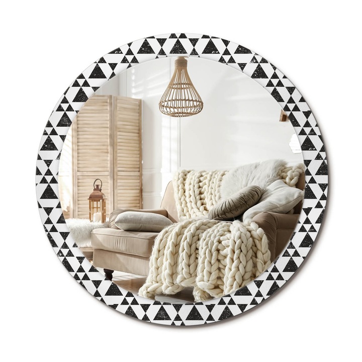 Kerek Tükör Grafikával, Decormat, Háromszögek Geometriája, Fekete és fehér, Ø90 cm, Sminkeléshez És Borotválkozáshoz, 010090550120300011799