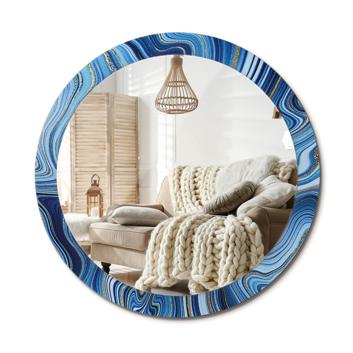 Kerek Fali Tükör Nyomtatott Mintával, Decormat, Márvány Folyó, Aranyszín, Ø90 cm, Nappali Szoba Díszítésére, 010090550120300020892