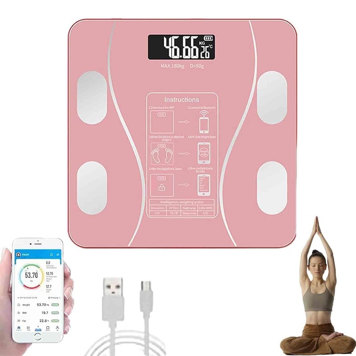 Sharpdo Cantar Electronic Inteligent De Baie Cu Aplicatie Smart, Corporal, Ecran Digital Iluminat, Termometru, Suporta Maxim 180 Kg, Baterii, 26x26 cm, roz