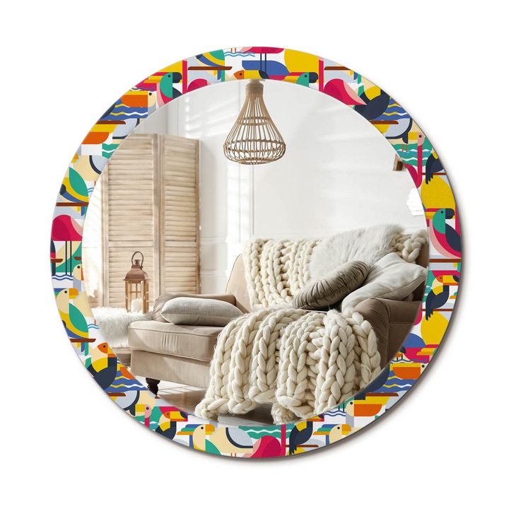 Kör Alakú Fali Tükör Nyomtatással, Decormat, Geometrikus Trópusi Madarak, Többszínű, Ø90 cm, Lakásdíszítő Fali Tükör, 010090550120300072566