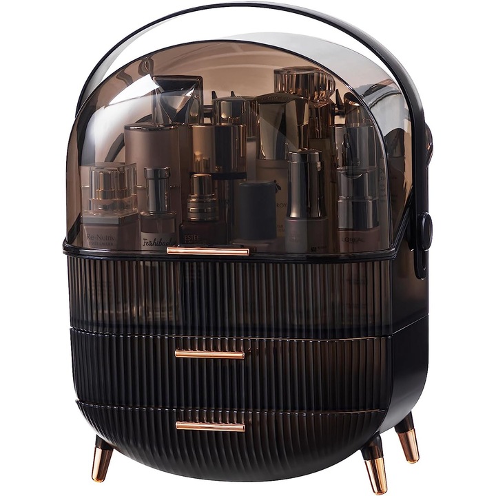 Sharpdo Organizator de machiaj, 3 spatii depozitare cu 2 sertare si capac culisabil, maner transport, ideal pentru organizat cosmetice mici si mari si protejat de praf, 30cm * 23cm * 41cm, negru