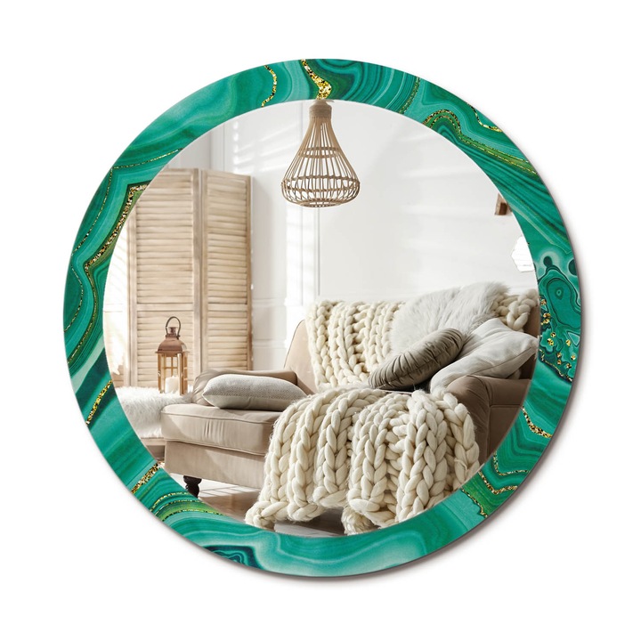 Kerek Tükör Grafikával, Decormat, Achát Márvány, Aranyszín, Ø90 cm, Sminkeléshez És Borotválkozáshoz, 010090550120300020894