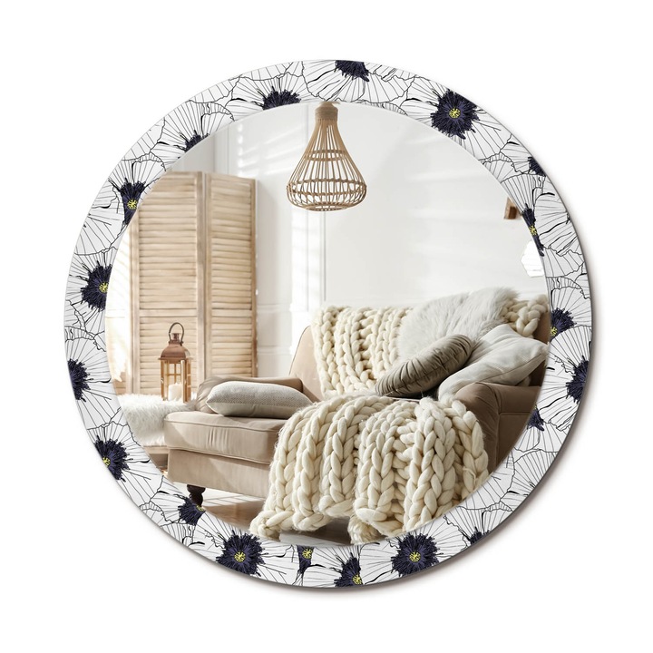 Kör Tükör Grafikai Mintával, Decormat, Virágkötészet, Fehér, Ø90 cm, Előszobába És Folyosóra, 010090550120300072558