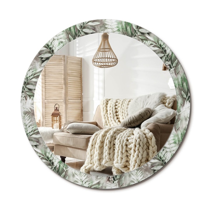Kör Tükör Nyomtatott Mintával, Decormat, Akvarell Levelek, Többszínű, Ø90 cm, Fésülködőasztalhoz És Gardróbba, 010090550120300012593