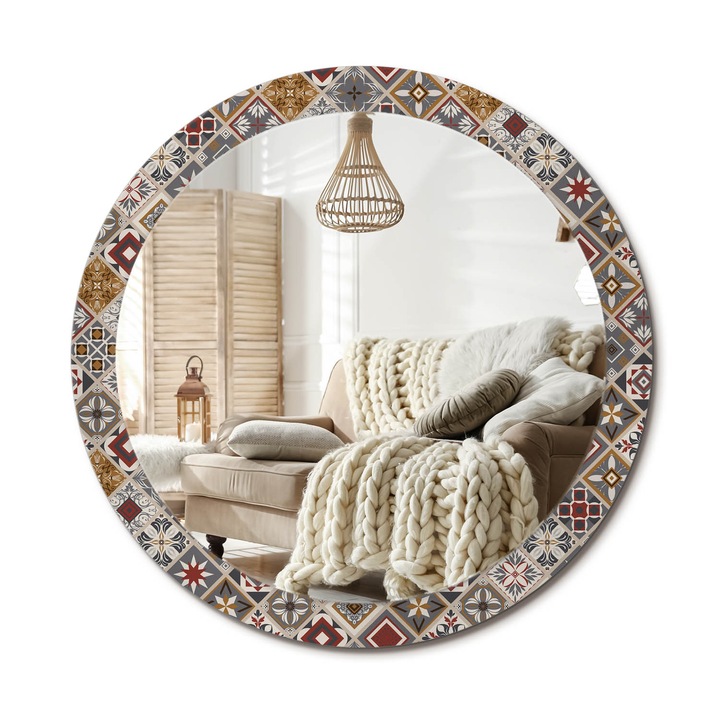 Kerek Fali Tükör Nyomtatott Mintával, Decormat, Török Minta, Többszínű, Ø90 cm, Nappali Szoba Díszítésére, 010090550120300020950