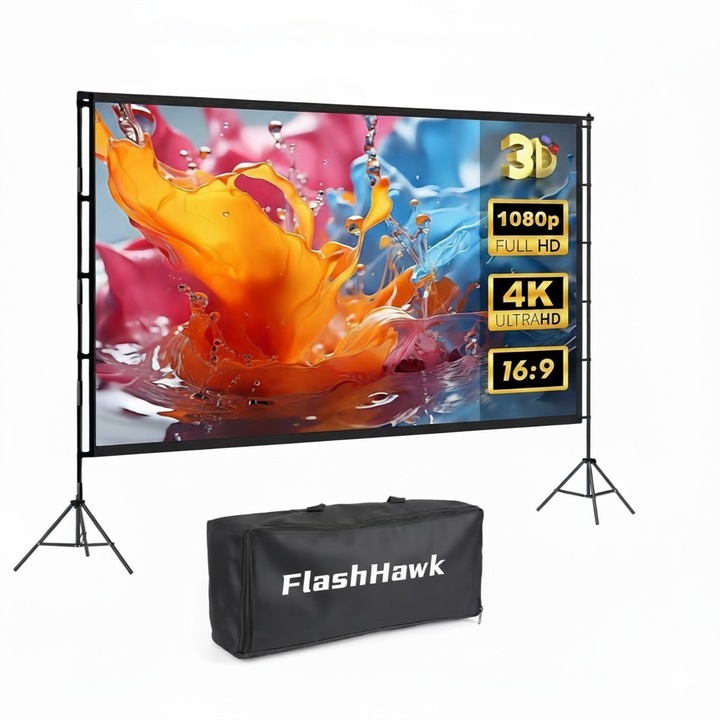 Flash Hawk Ecran de proiectie 150 inch, 16:9, portabil, suport tripied 2.6m, interior/exterior, 330 × 187 cm, alb-negru