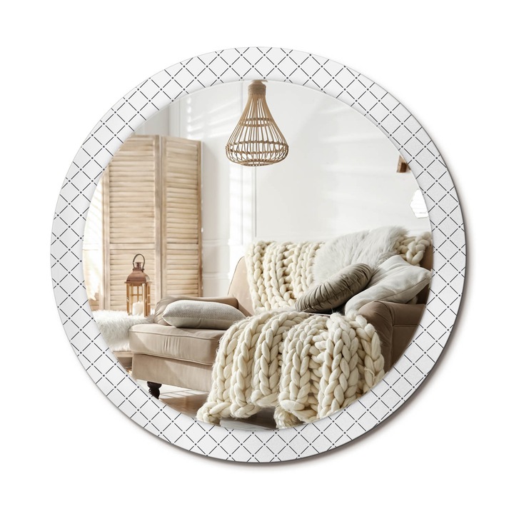 Kör Tükör Nyomtatott Mintával, Decormat, Keresztirányú Vonalak, Fehér, Ø90 cm, Fésülködőasztalhoz És Gardróbba, 010090550120300020977