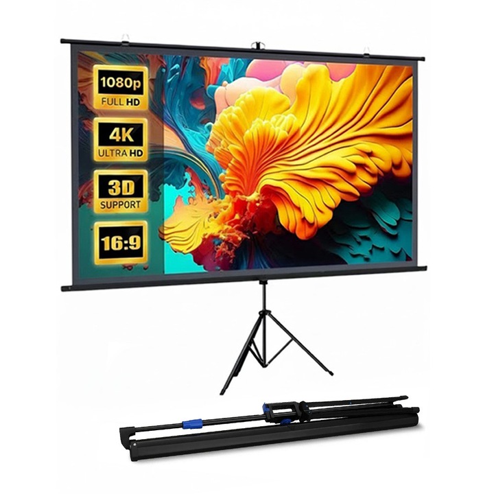 FlashHawk Ecran de proiectie portabil Flash Hawk, 72 inch 16:9 cu suport tripodal, ajustabil, pentru interior si exterior, 159 × 90 cm, alb-negru