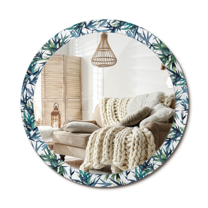 Kerek Fali Tükör Grafikával, Decormat, Kék Pálmafák, Zöld, Ø90 cm, Különleges Kiegészítő Szobába, 010090550120300010898