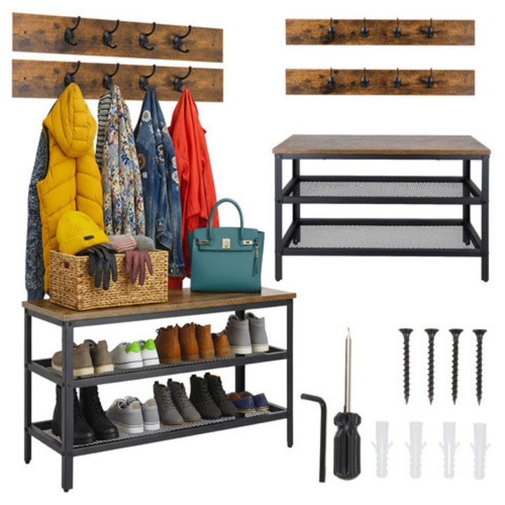 Cuier cu bancă și pantofar, 2 rafturi, 16 cârlige, negru + maro, 73x44x30cm