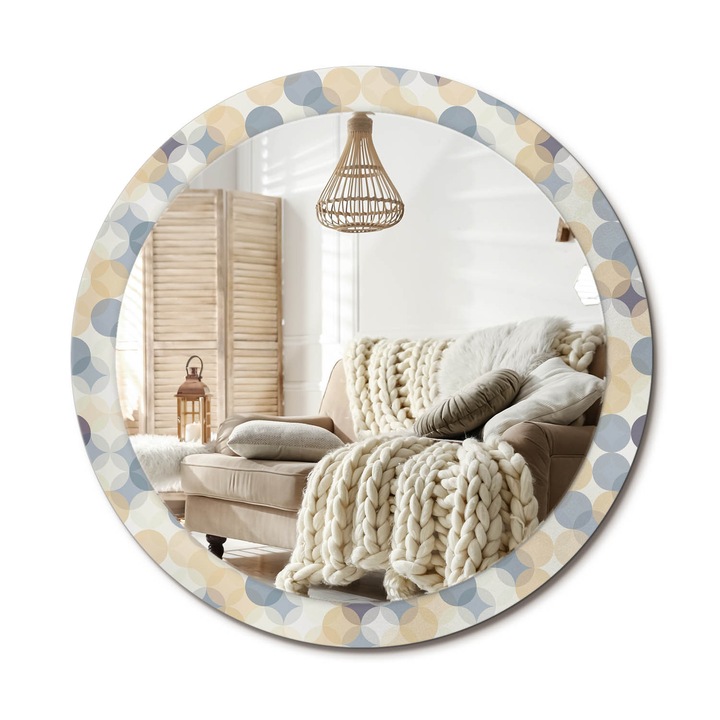 Kerek Tükör Kerettel És Nyomtatott Mintával, Decormat, Geometriai Körök, Bézs, Ø90 cm, Beltéri Dekorációs Elem, 010090550120300029949