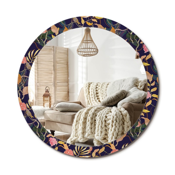 Kerek Tükör Nyomtatással, Decormat, Akvarell Növények, Sárga, Ø90 cm, Nappaliba És Szobába, 010090550120300012931