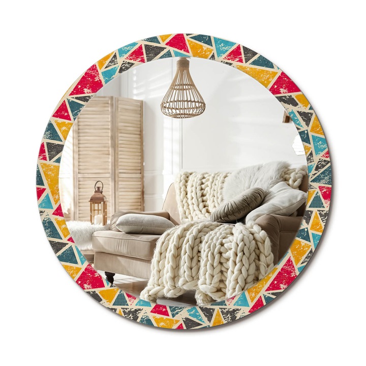Kerek Tükör Kerettel És Nyomtatott Mintával, Decormat, Retro Kompozíció, Többszínű, Ø90 cm, Beltéri Dekorációs Elem, 010090550120300072556