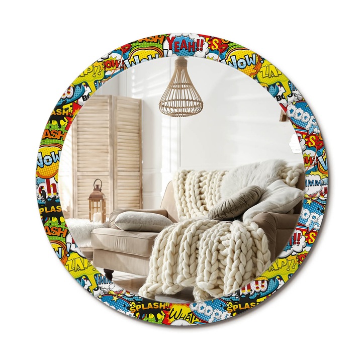 Kerek Fali Tükör Nyomtatott Mintával, Decormat, Képregény Stílusú Minta, Többszínű, Ø90 cm, Nappali Szoba Díszítésére, 010090550120300072568
