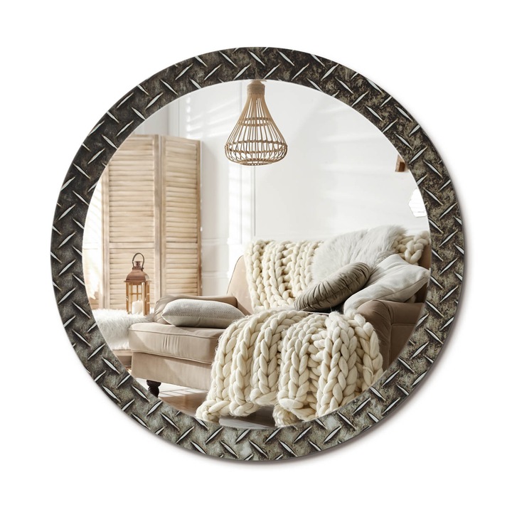 Kerek Tükör Nyomtatással, Decormat, Acél Textúra, Ezüstszín, Ø90 cm, Nappaliba És Szobába, 010090550120300072569