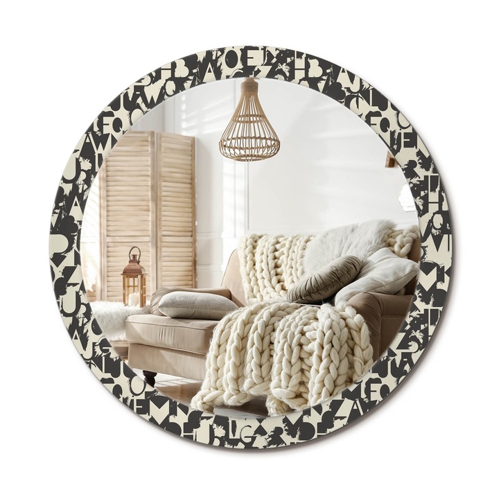 Kerek Tükör Kerettel És Nyomtatott Mintával, Decormat, Levelek, Krémszín, Ø90 cm, Beltéri Dekorációs Elem, 010090550120300072574