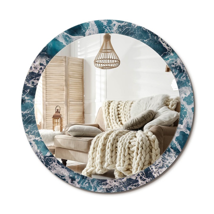 Kerek Fali Tükör Grafikával, Decormat, Viharos Tenger, Kék, Ø90 cm, Különleges Kiegészítő Szobába, 010090550120300072564