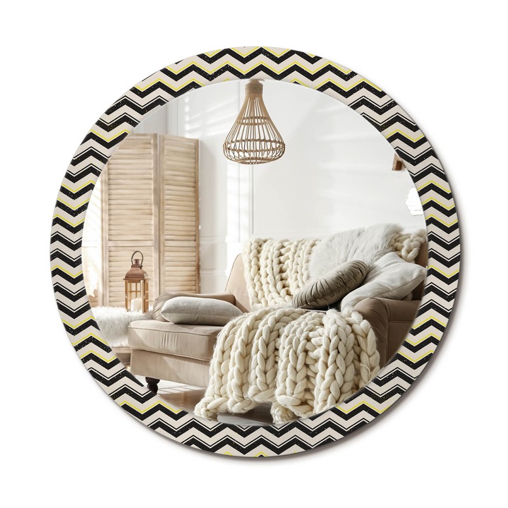 Kerek Tükör Grafikával, Decormat, Cikcakk Minta, Krémszín, Ø90 cm, Sminkeléshez És Borotválkozáshoz, 010090550120300072570