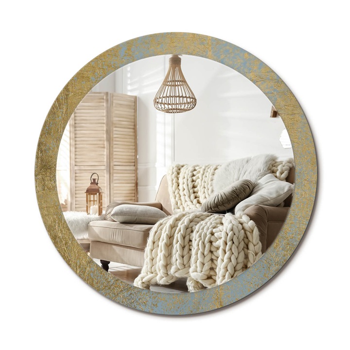 Kerek Fali Tükör Grafikával, Decormat, Loft Minta, Sárga, Ø90 cm, Különleges Kiegészítő Szobába, 010090550120300072573