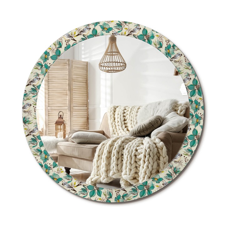 Kör Alakú Fali Tükör Nyomtatással, Decormat, Virágok És Madarak, Türkiz, Ø90 cm, Lakásdíszítő Fali Tükör, 010090550120300031217