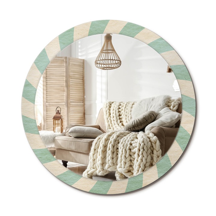 Kerek Tükör Grafikával, Decormat, Retro Pasztell Minta, Krémszín, Ø90 cm, Sminkeléshez És Borotválkozáshoz, 010090550120300072579