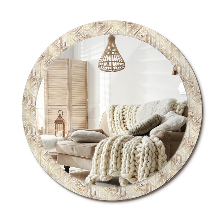 Kerek Fali Tükör Grafikával, Decormat, Art Deco Kompozíció, Fehér, Ø90 cm, Különleges Kiegészítő Szobába, 010090550120300072590