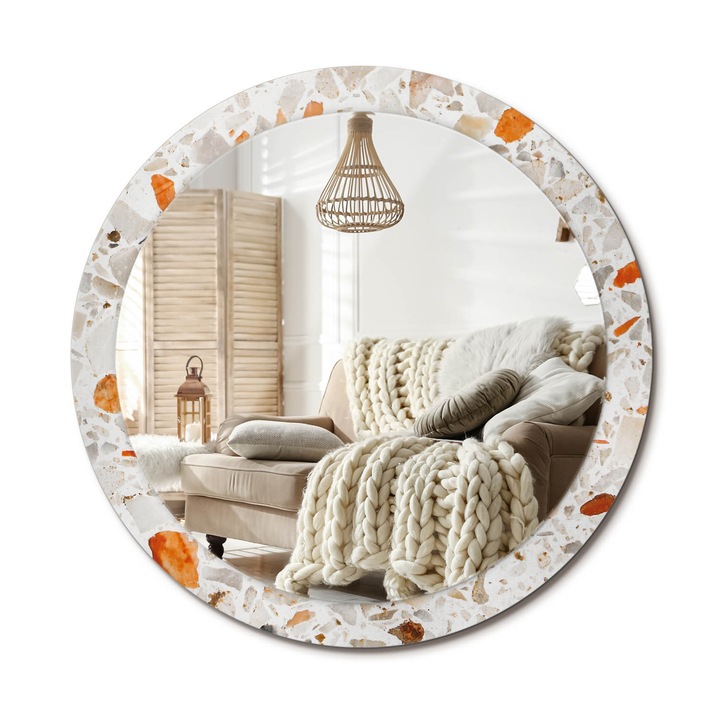 Kör Tükör Nyomtatott Mintával, Decormat, Terrazzo Stílus, Fehér, Ø90 cm, Fésülködőasztalhoz És Gardróbba, 010090550120300072588
