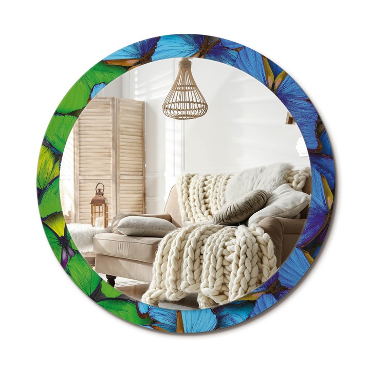 Kör Alakú Tükör Mintával, Decormat, Kék És Zöld Pillangó, Tengerészkék, Ø90 cm, Stílusos Fali Dekoráció, 010090550120300072581