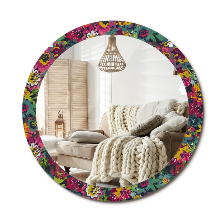 Kerek Fali Tükör Nyomtatott Mintával, Decormat, Festett Virágok, Többszínű, Ø90 cm, Nappali Szoba Díszítésére, 010090550120300072594