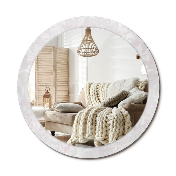 Kör Alakú Fali Tükör Nyomtatással, Decormat, Rokokó Textúra, Fehér, Ø90 cm, Lakásdíszítő Fali Tükör, 010090550120300072592