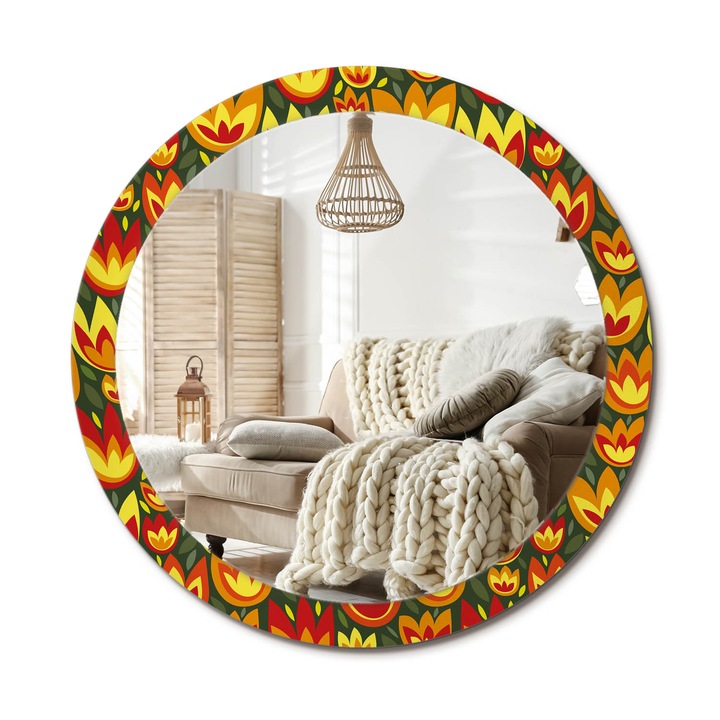 Kör Alakú Fali Tükör Nyomtatással, Decormat, Retro Tulipánok, Többszínű, Ø90 cm, Lakásdíszítő Fali Tükör, 010090550120300072610