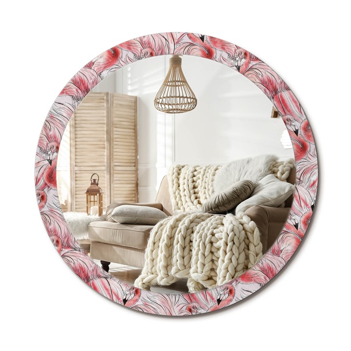 Kerek Tükör Grafikával, Decormat, Flamingók, Rózsaszín, Ø90 cm, Sminkeléshez És Borotválkozáshoz, 010090550120300072605