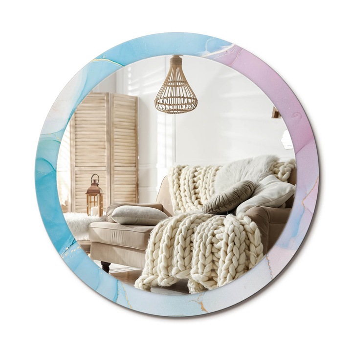 Kerek Tükör Kerettel És Nyomtatott Mintával, Decormat, Márvány Stílus, Kék, Ø90 cm, Beltéri Dekorációs Elem, 010090550120300072600