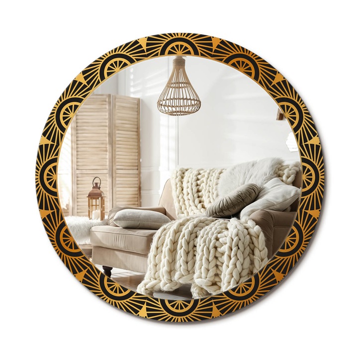 Kerek Tükör Kerettel És Nyomtatott Mintával, Decormat, Mandala, Fekete, Ø90 cm, Beltéri Dekorációs Elem, 010090550120300072609