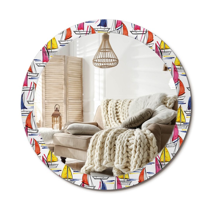 Kerek Fali Tükör Nyomtatott Mintával, Decormat, Színes Hajók, Többszínű, Ø90 cm, Nappali Szoba Díszítésére, 010090550120300072612