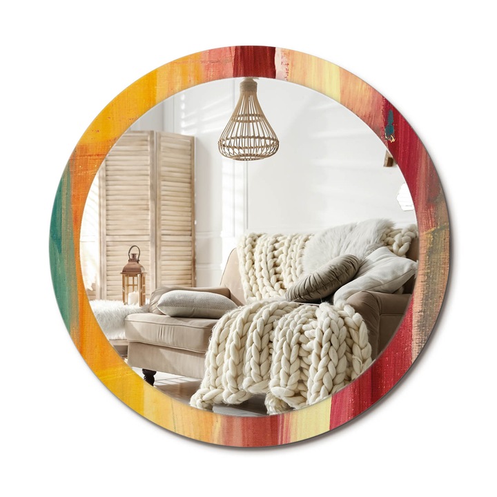 Kerek Fali Tükör Grafikával, Decormat, Absztrakt Festészet, Piros, Ø90 cm, Különleges Kiegészítő Szobába, 010090550120300072608