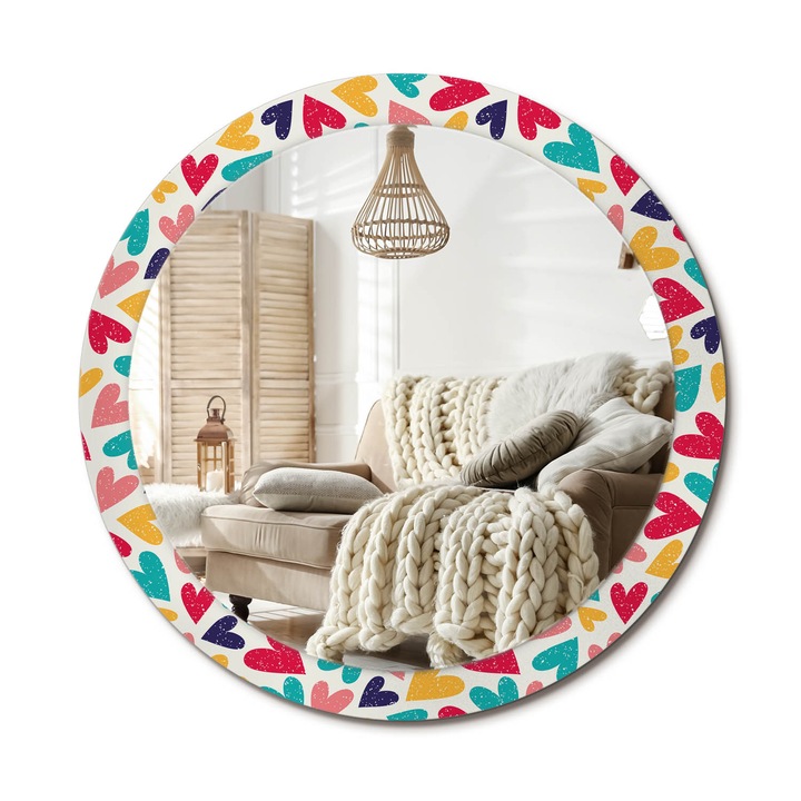 Kerek Tükör Nyomtatással, Decormat, Színes Szívek, Többszínű, Ø90 cm, Nappaliba És Szobába, 010090550120300072613
