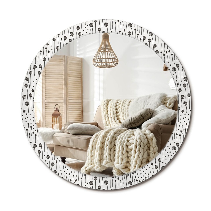 Kerek Fali Tükör Grafikával, Decormat, Virágrajz, Fekete és fehér, Ø90 cm, Különleges Kiegészítő Szobába, 010090550120300072616